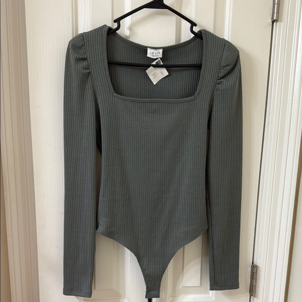 Le Lis Green Long Puff Sleeve Fitted Bodysuit